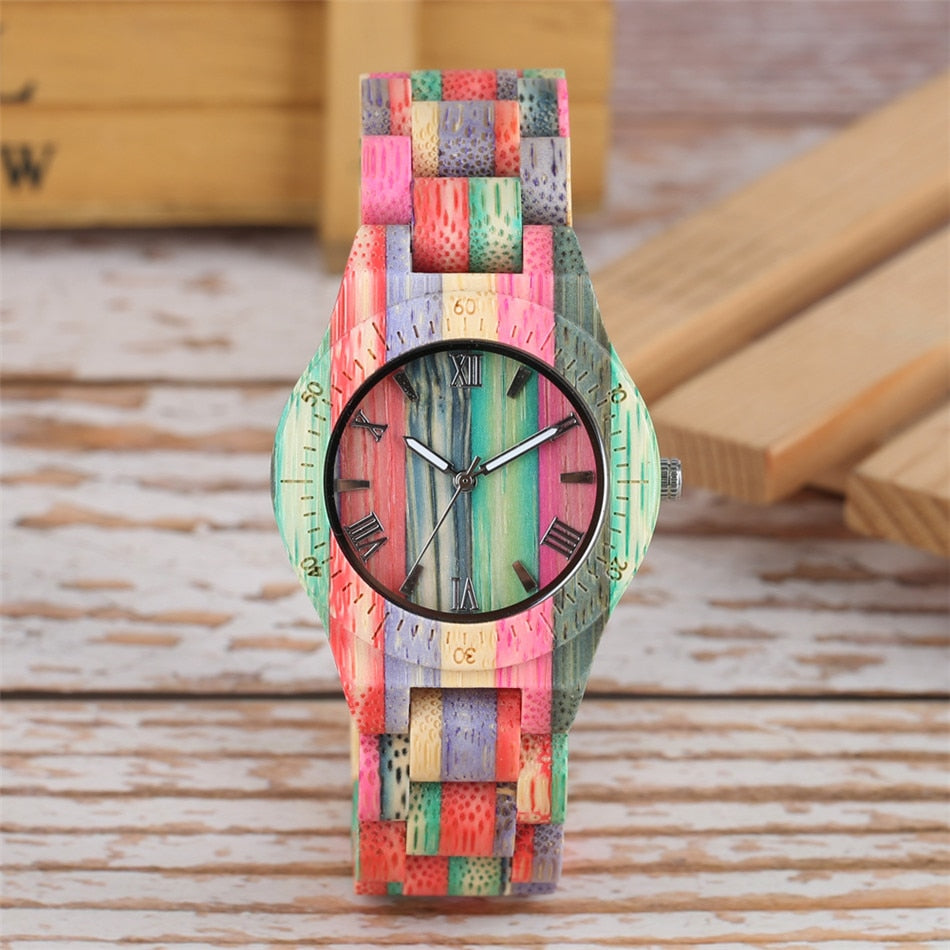Natural Multi-Colored Bracelet Lovers New Concept Wood Wristwatch