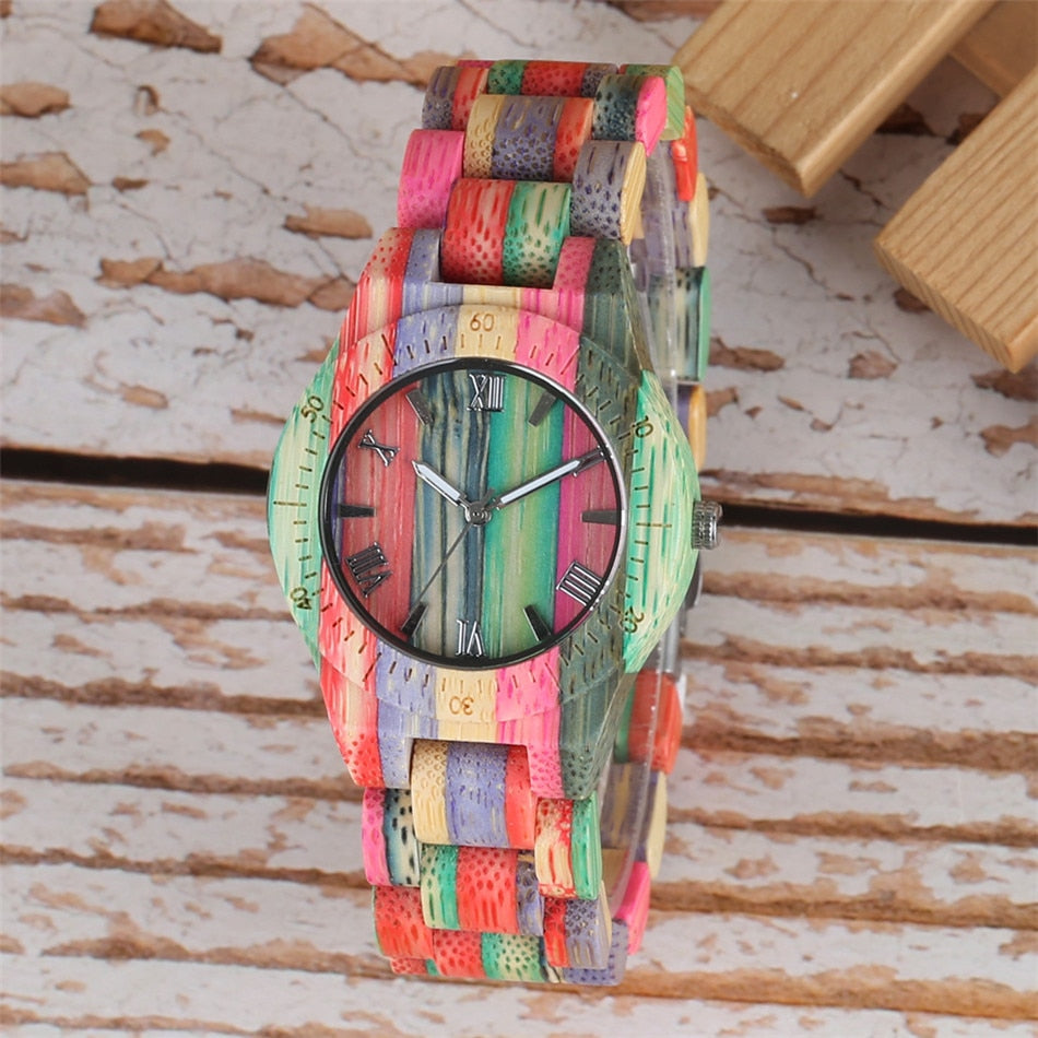 Natural Multi-Colored Bracelet Lovers New Concept Wood Wristwatch