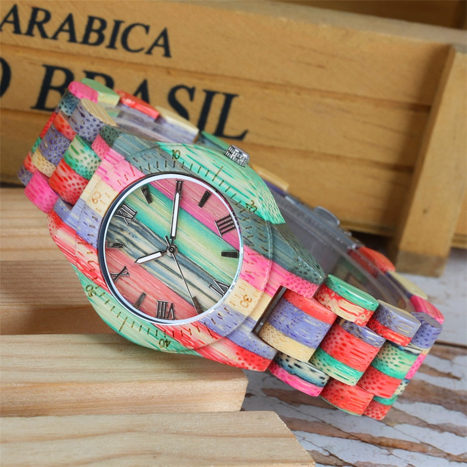 Natural Multi-Colored Bracelet Lovers New Concept Wood Wristwatch