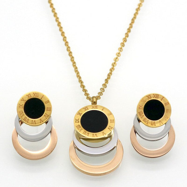 Conjunto de joyas de acero inoxidable de 3 colores: pendientes y collar.