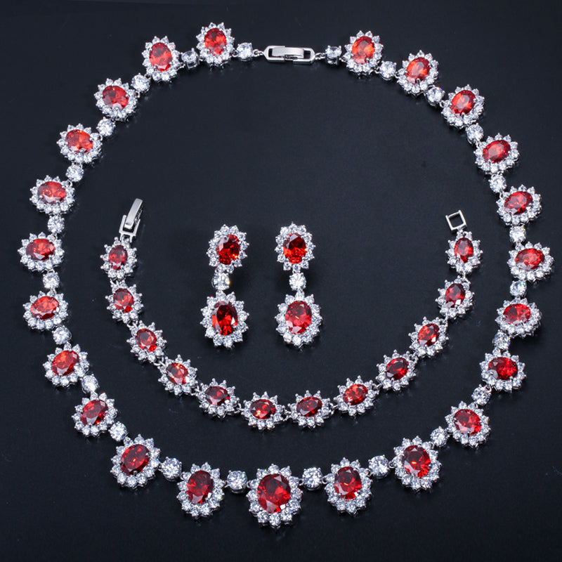 Sparkling Round Cubic Zirconia Luxury Big Bridal Red Necklace Earring Bracelet Set
