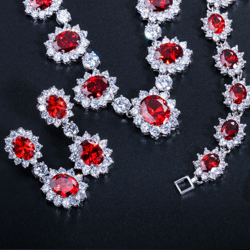 Sparkling Round Cubic Zirconia Luxury Big Bridal Red Necklace Earring Bracelet Set