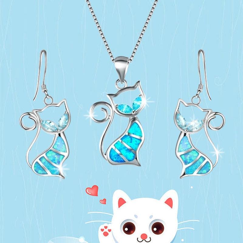 Alloy Blue Imitation Fire Opal Cat Pendant Necklace Earrings  Jewelry Set