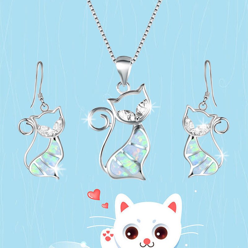 Alloy Blue Imitation Fire Opal Cat Pendant Necklace Earrings  Jewelry Set