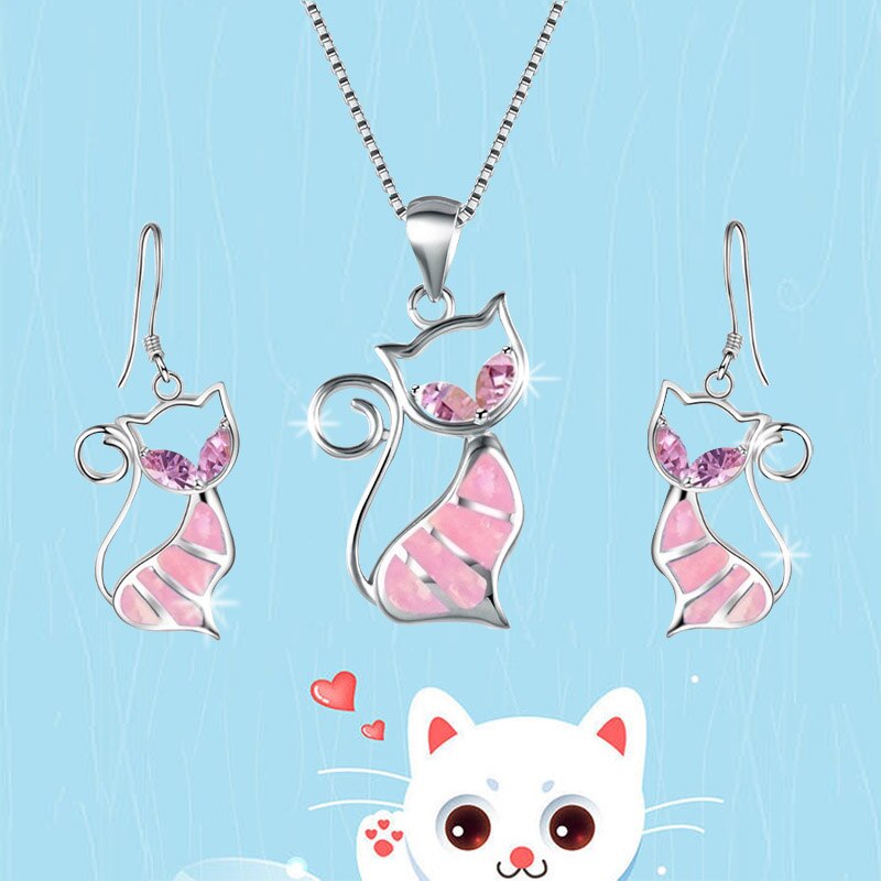 Alloy Blue Imitation Fire Opal Cat Pendant Necklace Earrings  Jewelry Set