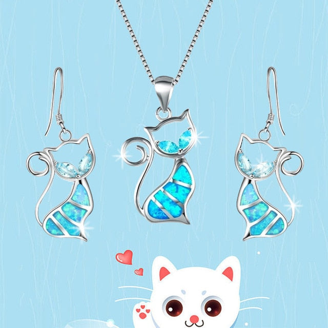 Alloy Blue Imitation Fire Opal Cat Pendant Necklace Earrings  Jewelry Set