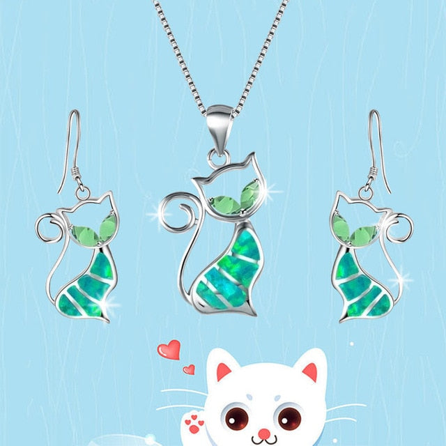 Alloy Blue Imitation Fire Opal Cat Pendant Necklace Earrings  Jewelry Set