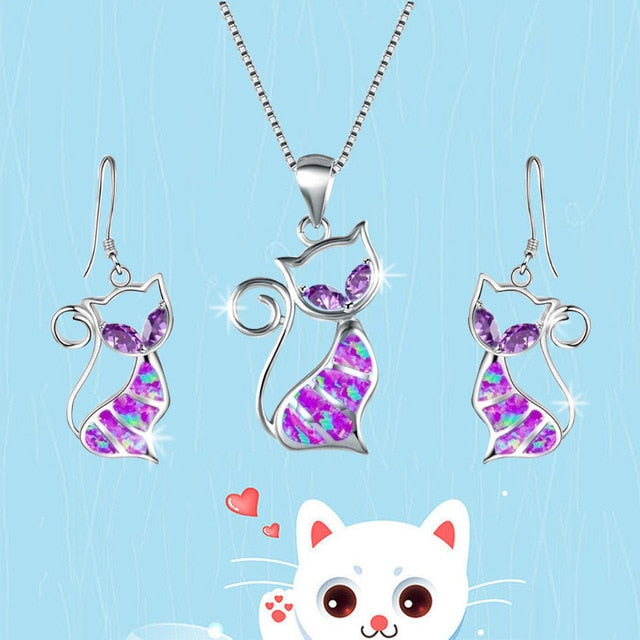 Alloy Blue Imitation Fire Opal Cat Pendant Necklace Earrings  Jewelry Set