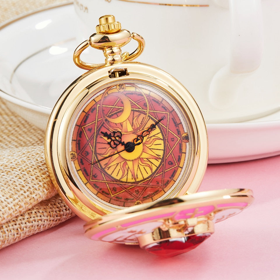 Anime Golden Pocket Watch  Star Gemstone Pink Pendant Chain Clock
