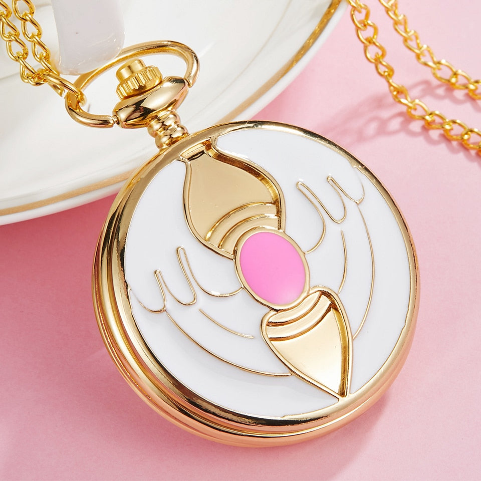 Anime Golden Pocket Watch  Star Gemstone Pink Pendant Chain Clock