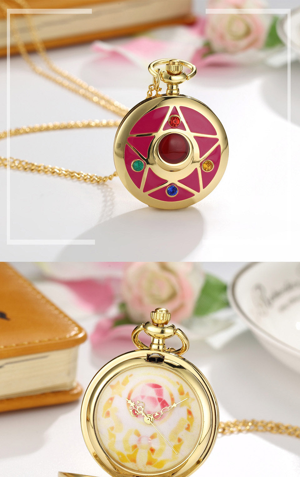 Anime Golden Pocket Watch  Star Gemstone Pink Pendant Chain Clock