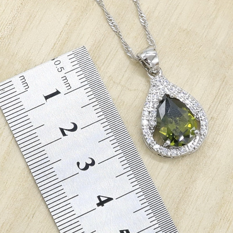 New Olive Green Zircon  Silver Color Jewelry Set for Women