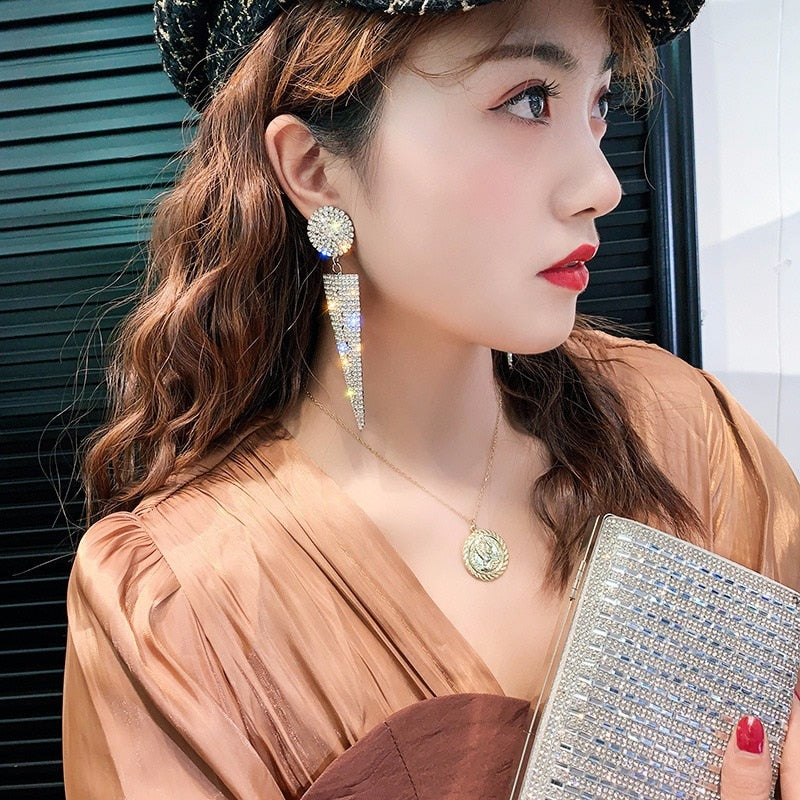 Geometric Triangle Metal Crystal Drop Dangle Earrings