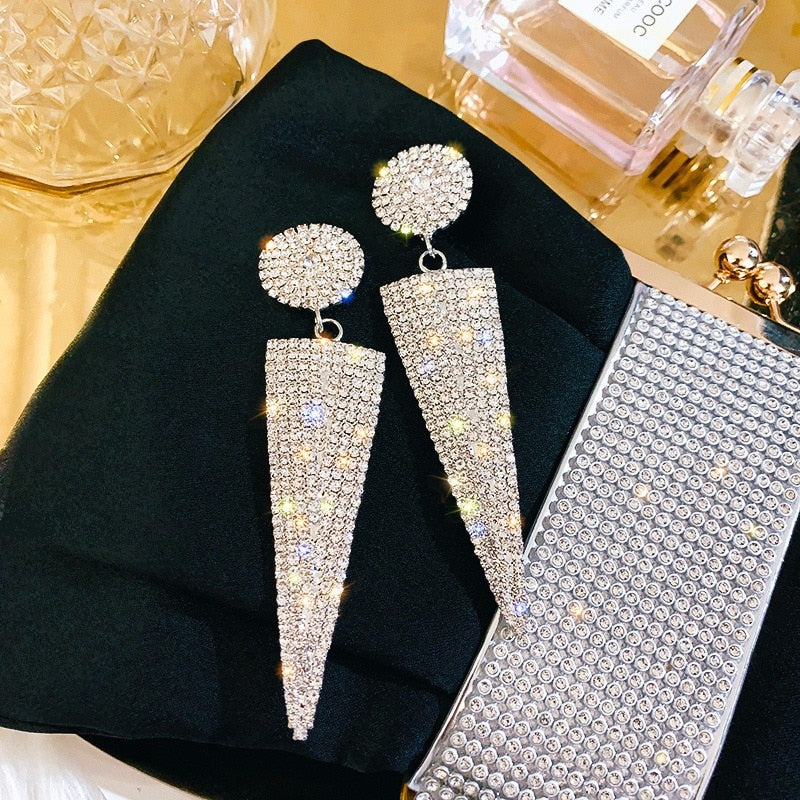 Geometric Triangle Metal Crystal Drop Dangle Earrings
