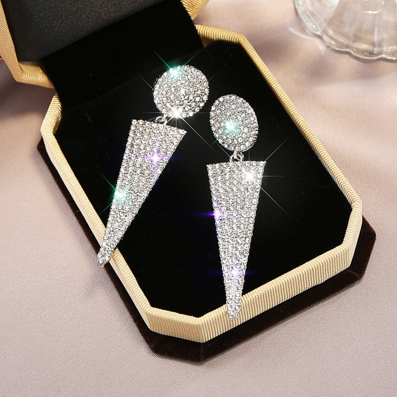 Geometric Triangle Metal Crystal Drop Dangle Earrings