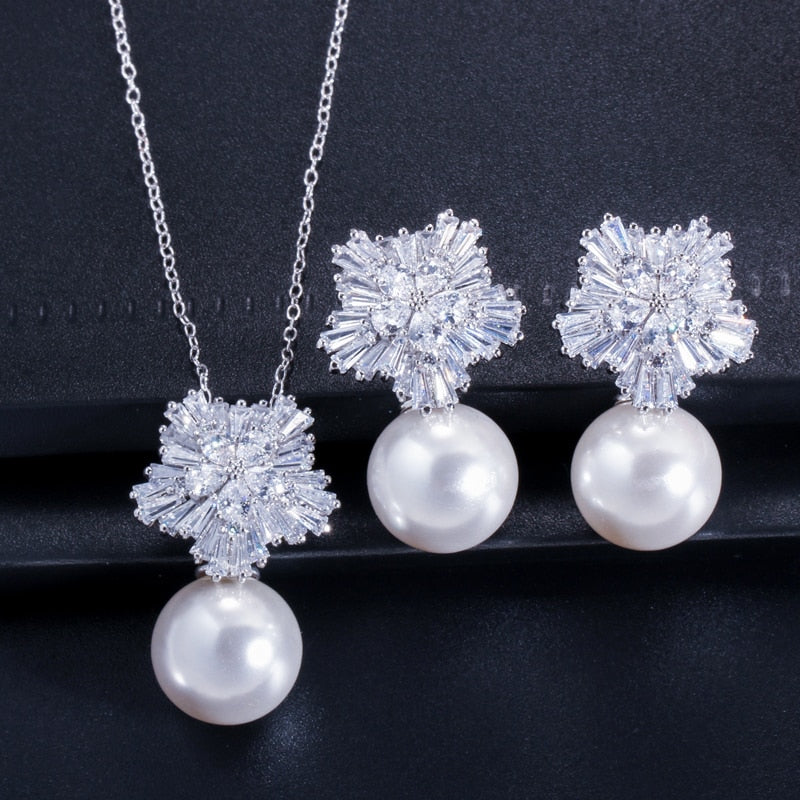 Cubic Zirconia Pearl Necklace and Earrings Jewelry Sets