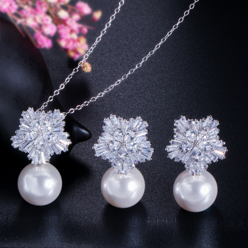 Cubic Zirconia Pearl Necklace and Earrings Jewelry Sets