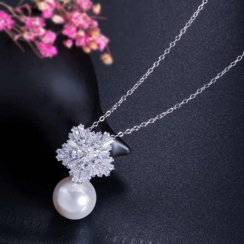 Cubic Zirconia Pearl Necklace and Earrings Jewelry Sets