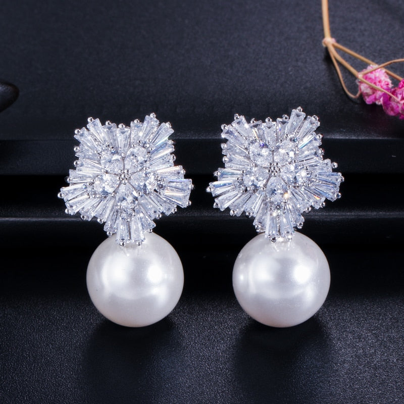 Cubic Zirconia Pearl Necklace and Earrings Jewelry Sets