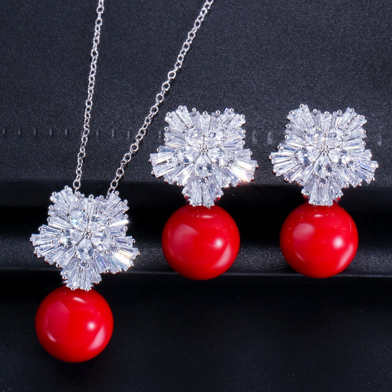 Cubic Zirconia Pearl Necklace and Earrings Jewelry Sets