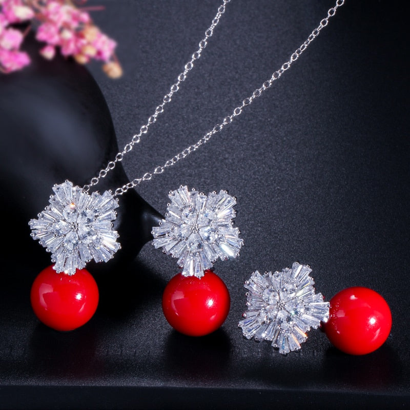 Cubic Zirconia Pearl Necklace and Earrings Jewelry Sets