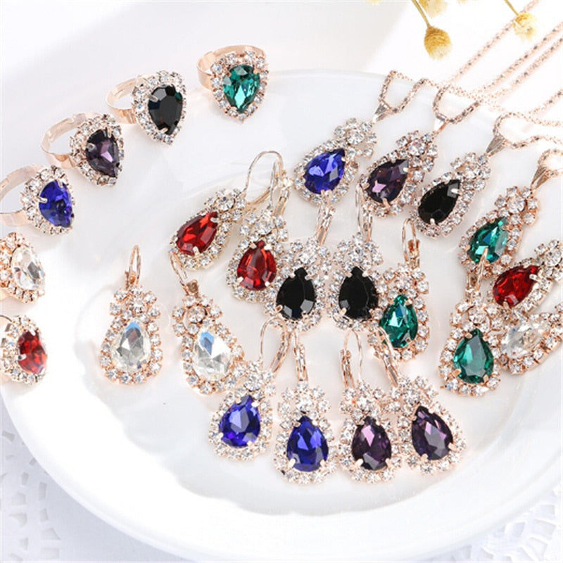 Fashion Waterdrop Shiny Rhinestones Necklace Ring Earrings  Jewelry Set