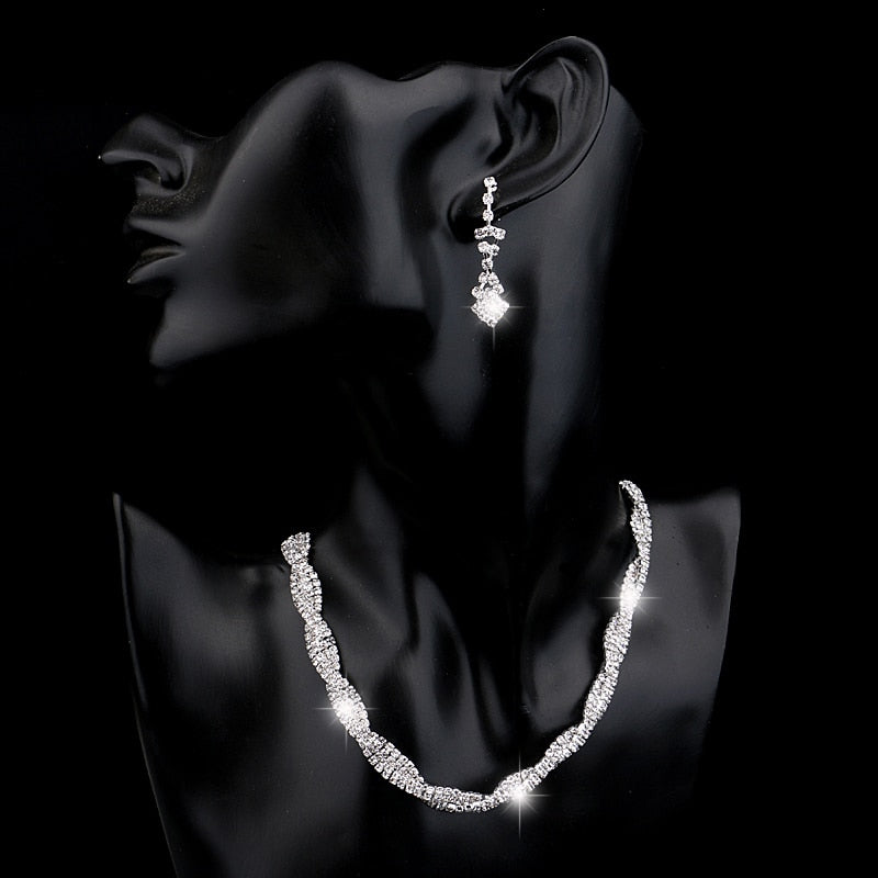 Rhinestone Crystal Necklace Earrings Bridal Jewelry Sets