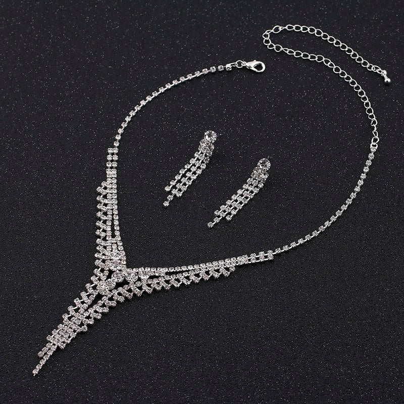 Rhinestone Crystal Necklace Earrings Bridal Jewelry Sets