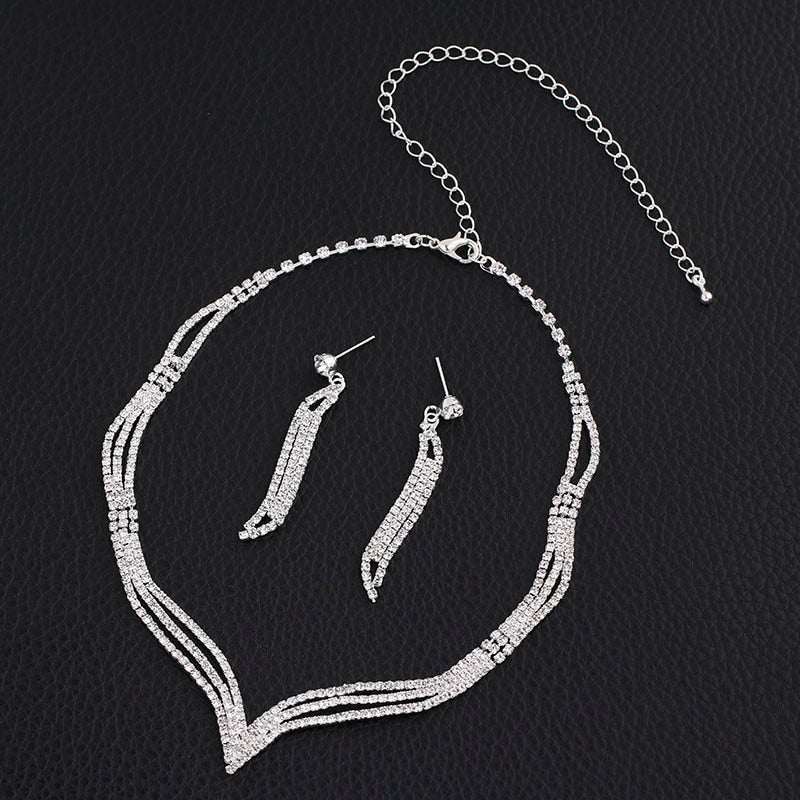 Rhinestone Crystal Necklace Earrings Bridal Jewelry Sets