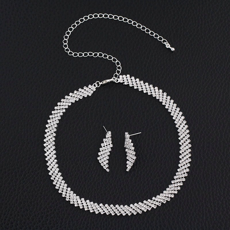 Rhinestone Crystal Necklace Earrings Bridal Jewelry Sets