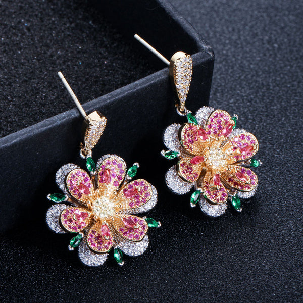 Pendientes largos de plata 925 con cristales rosa rojo y verde esmeralda para mujer