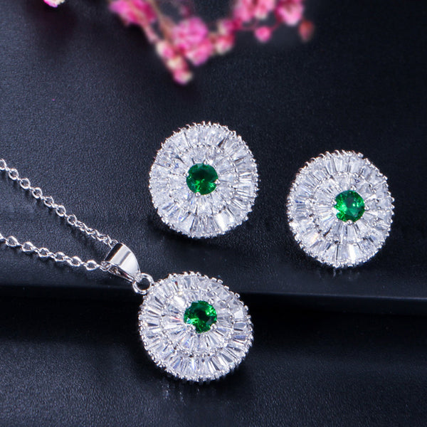 Conjunto de collar y pendientes con colgante de circonita cúbica azul y verde con piedra CZ
