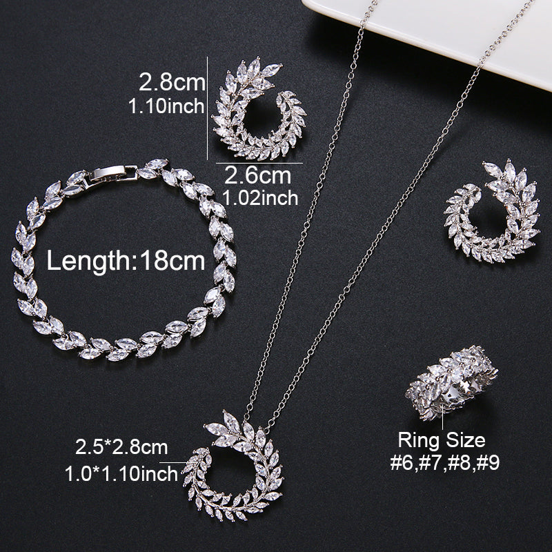Leaf Shape Fashion CZ Necklace Earring Bracelet and Ring Sets