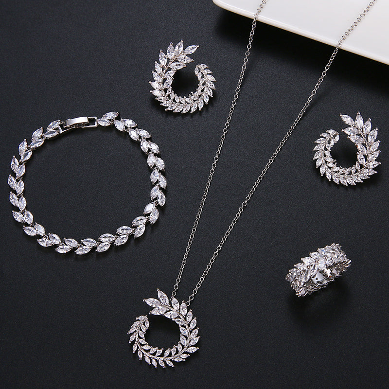 Leaf Shape Fashion CZ Necklace Earring Bracelet and Ring Sets