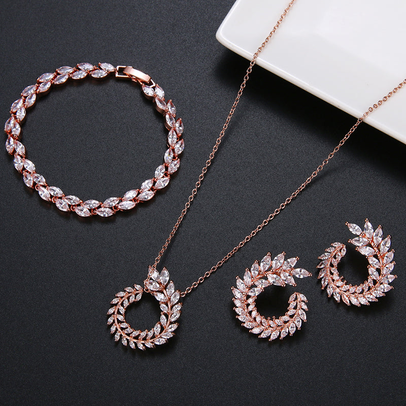 Leaf Shape Fashion CZ Necklace Earring Bracelet and Ring Sets