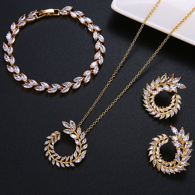 Leaf Shape Fashion CZ Necklace Earring Bracelet and Ring Sets