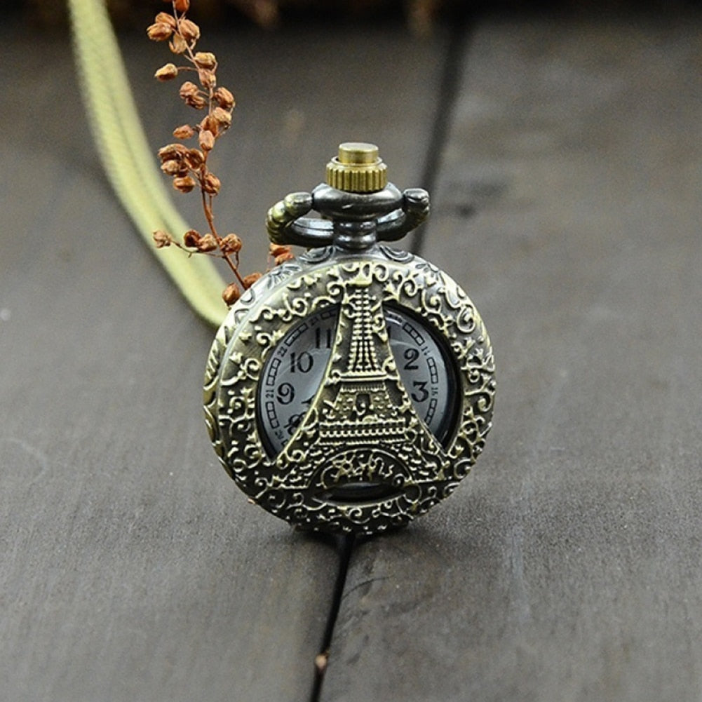 Vintage Steampunk Quartz Necklace Carving Pendant Chain Clock Pocket Watch