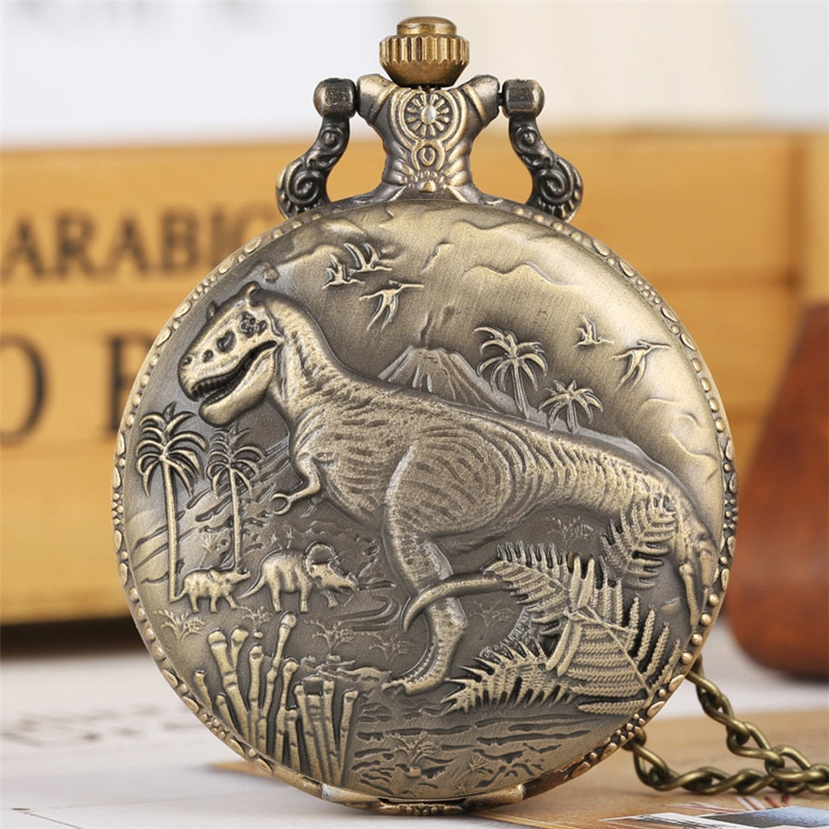 Bronze Dinosaur Display Necklace Quartz Pocket Watch