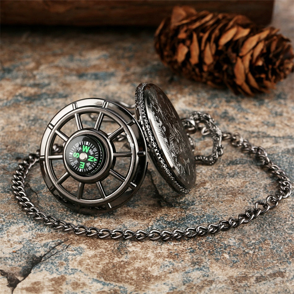Compass Design Vintage Hollow Skeleton Pocket Watch