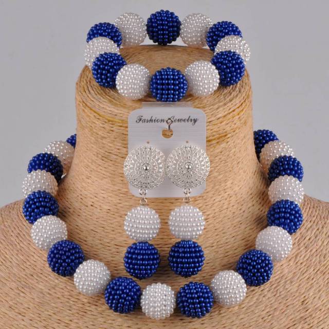 Royal Blue and White Simulated Pearl Nigerian Wedding Necklace