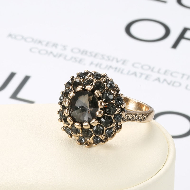 Antique Gold Boho Gray Crystal Wedding Rings