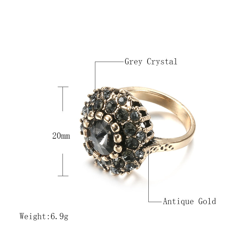 Antique Gold Boho Gray Crystal Wedding Rings