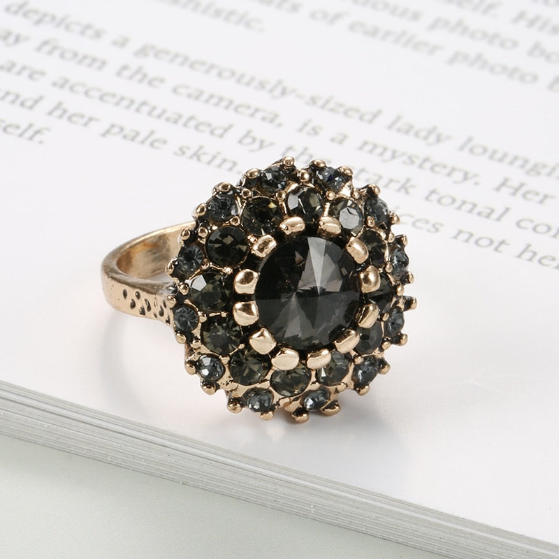 Antique Gold Boho Gray Crystal Wedding Rings