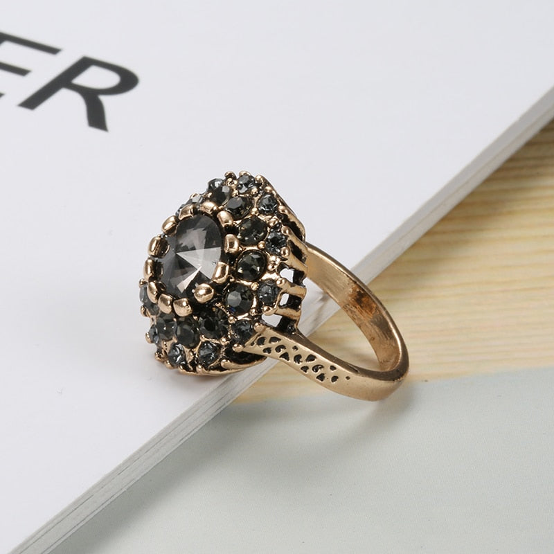 Antique Gold Boho Gray Crystal Wedding Rings