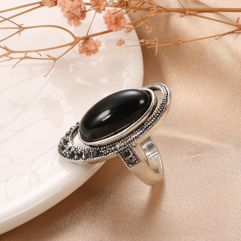 Fashion Retro Tibetan Silver Mosaic Black Crystal Ring