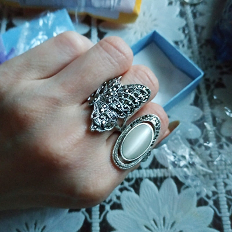 Fashion Retro Tibetan Silver Mosaic Black Crystal Ring