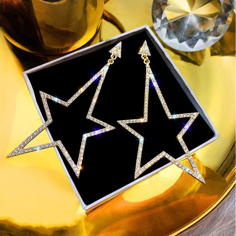 Crystal Rhinestone Hollow Five-pointed Star Hanging Earrings