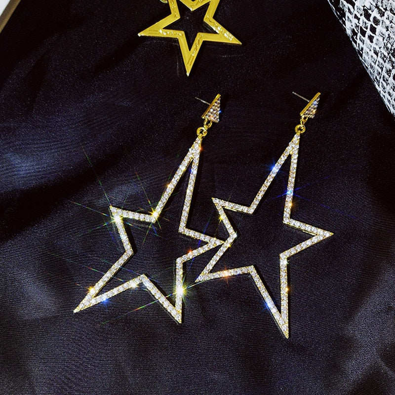 Crystal Rhinestone Hollow Five-pointed Star Hanging Earrings