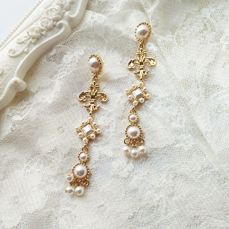 Vintage French Baroque Long Pearl Clip on Earrings