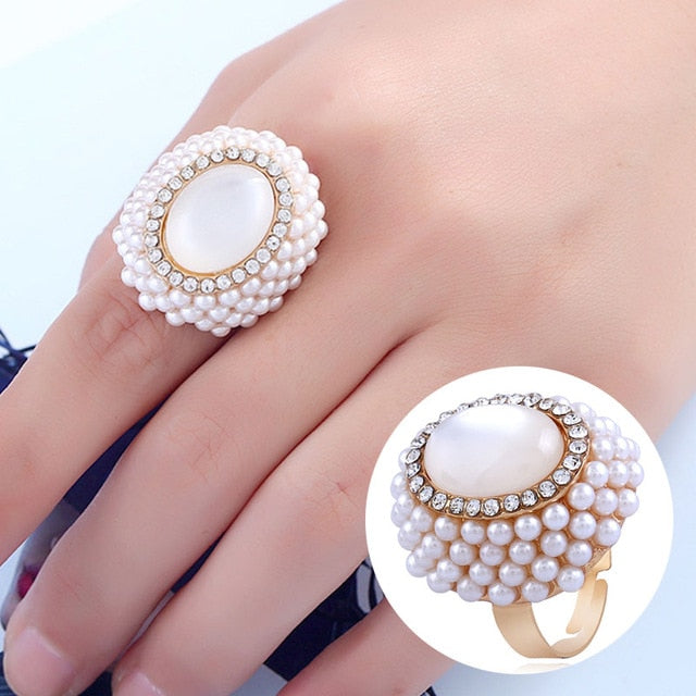 Big Imitation Pearls  Gold Color Metal Hollow  Rings